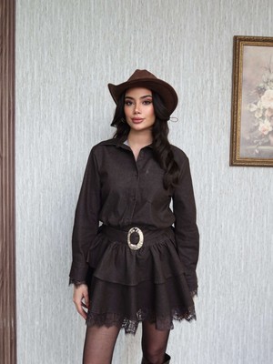 Esra Helvacı Dantel Detay Mini Denim Elbise