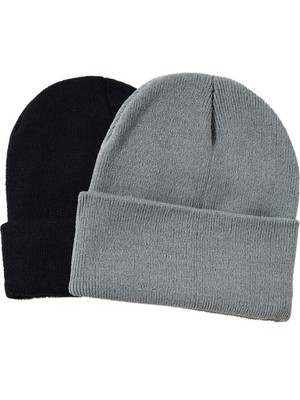 Quatex Siyah Gri Ikili Unisex Katlamalı Triko Düz Bere