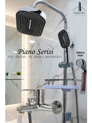 Tesitay Geniş Şampuanlıklı Robot Duş Takımı ve Ağır Lüks Banyo Bataryası Piano Serisi Musluk Armatür