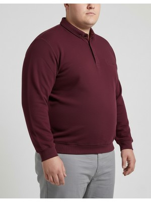Balkonda Erkek Sweatshirt Kazak Polo Yaka Düğmeli Selanik Dokuma Battal Boy Büyük Beden Bordo