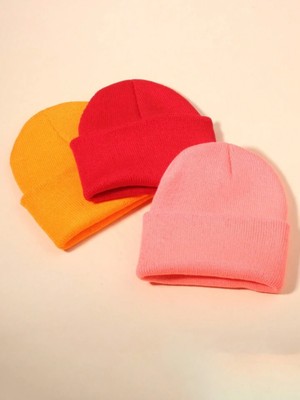 Quatex Turuncu Kırmızı Pembe Üçlü Set Unisex Katlamalı Triko Düz Bere