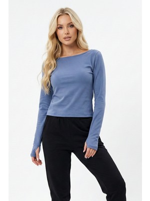 Abay Butik Kadın Kayık Yaka Uzun Kollu Parmak Geçmeli Modal Basic Bluz