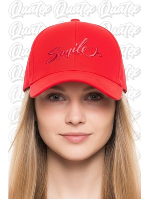 Quatex Smile Nakışlı Şapka – Kırmızı %100 Pamuk Gabardin Unisex Model