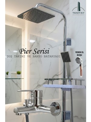 Tesitay Geniş Şampuanlıklı Robot Duş Takımı ve Ağır Lüks Banyo Bataryası Pier Serisi Musluk Armatür