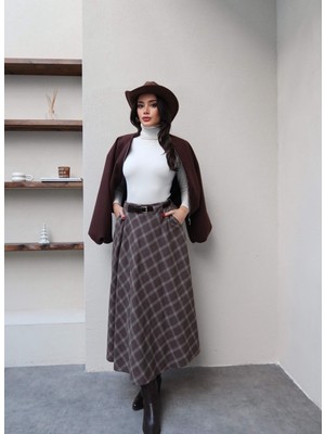 Esra Helvacı Kemerli Ekose Midi Etek