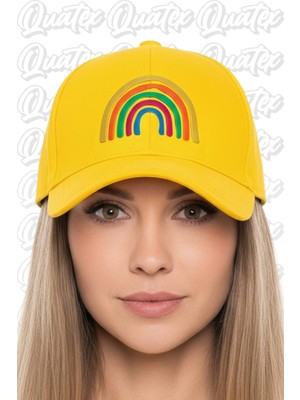 Quatex Gökkuşağı Nakışlı Şapka – Sarı %100 Pamuk Gabardin Unisex Model