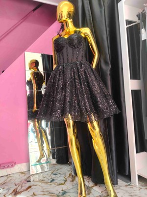 Tlp Fashion Siyah El Işlemeli Abiye Elbise