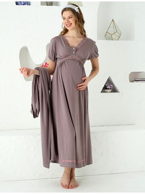 Jenika Collection Jenika Toupe Düğmeli Dantel Detaylı 2’li Hamile Lohusa Pijama Takımı | Sabahlıklı,yumuşak Kumaş