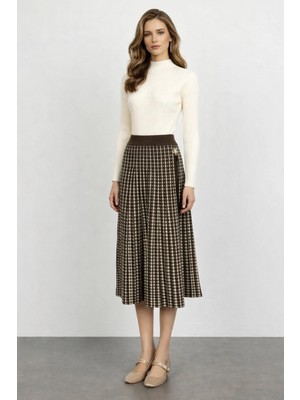 On Kadın Aksesuar Detaylı Midi Triko Etek 65208 Kahverengi