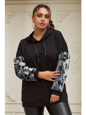 Rmg Kol Kürk Detaylı Büyük Beden Siyah Sweatshirt