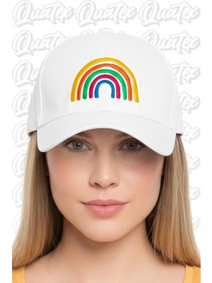 Quatex Gökkuşağı Nakışlı Şapka – Beyaz %100 Pamuk Gabardin Unisex Model