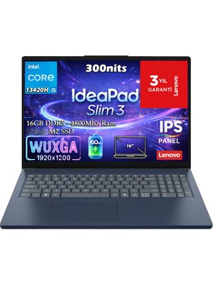 Lenovo Ideapad Slim 3 16IRH10 Intel Core I5-13420H 16GB 1tb SSD 16" Wuxga (1920X1200) IPS Panel Windows 11 Pro Taşınabilir Bilgisayar 83K20009TR