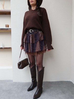 Esra Helvacı Çiçek Desen Kemerli Kat Etek