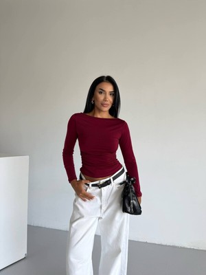 StockMount Kadın Kayık Yaka Yan Büzgülü Sandy Kumaş Uzun Kol Bordo Bluz