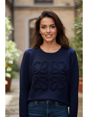 Yusgos Kadın Bisiklet Yaka Çelik Örgü Desen Nakışlı Triko Crop Kazak