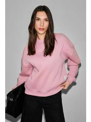 Grimelange Serenya Kadın Pamuklu Etiket Detaylı Bisiklet Yaka Pembe Sweatshirt