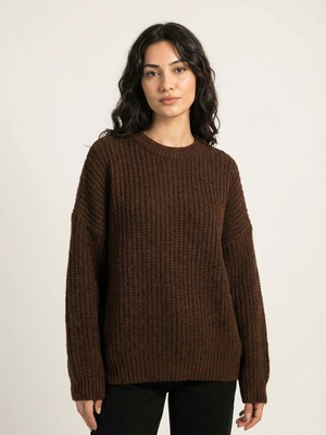 Bisiklet Yaka Oversize Kadın Triko Kazak - Kahverengi