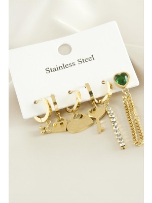 SHC4200 6 Adet Anahtar Kilit Zirkon Taşlı Lüks Çelik Küpe