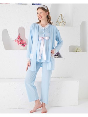 Jenika Collection Jenika Açık Mavi Düğmeli Dantel Detaylı 3’lü Hamile Lohusa Pijama Takımı | Kuşaklı, Sabahlıklı, Rahat Kalıp