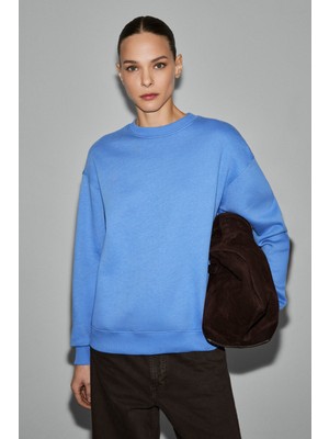 Grimelange Vaneltına Kadın Organik Pamuklu Yumuşacık Içi Polarlı Yuvarlak Yakalı Mavi Sweatshirt