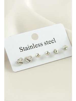 SHC4200 6 Adet Love Yazılı Kalp Taşlı Çelik Küpe