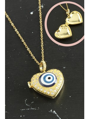 SHC4200 Kalp Nazar Kapaklı Zirkon Taşlı Çelik Kolye