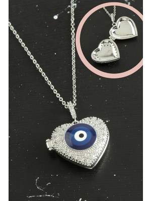 SHC4200 Kalp Nazar Kapaklı Zirkon Taşlı Çelik Kolye