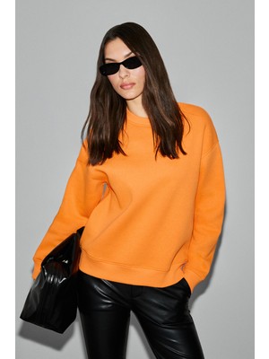 Grimelange VANELTINA Kadın Organik Pamuklu Yumuşacık İçi Polarlı Yuvarlak yakalı Turuncu Sweatshirt