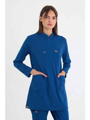 Mazey Uniform Indigo Likralı Viscon Hakim Yaka Tesettür Hemşire ve Doktor Scrubs Hastane Üniforma