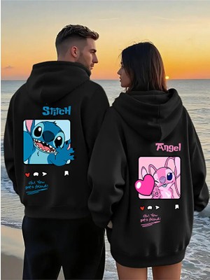 Macklin Unisex Sevgili Çift Kombini Stitch ve Angel Friends Love Sırt Baskılı Kapüşonlu Sweatshirt 2li Takım
