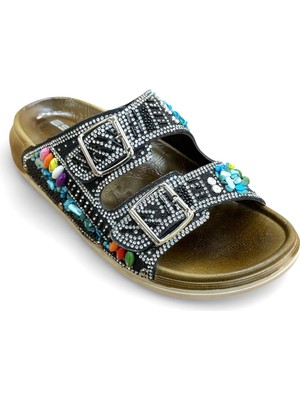 Esem 3769 Z 0004 Kadın Taşlı Çift Tokalı Comfort Terlik Siyah