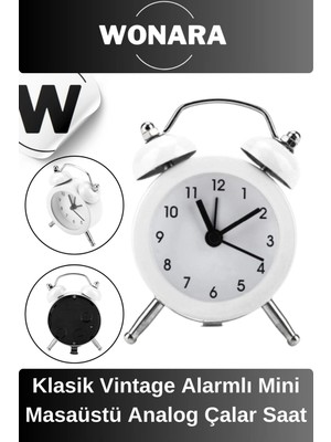 Wonara Premium Klasik Tasarım Vintage Yüksek Sesli Alarmlı Dekoratif Mini Masaüstü Analog Çalar Saat