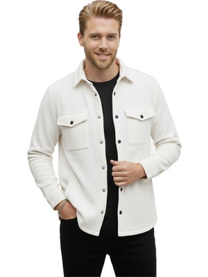 DeepSEA Beyaz Dar Kesim Erkek Çıtçıtlı Spor Ceket – Fitilli Örme Kumaş, Modern Şehir Stili 2500558