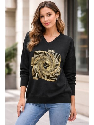 Rmg Büyük Beden V Yaka Kaşmir Karışımlı Desenli Triko Kazak Siyah