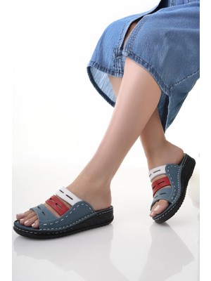 Tarçın Ayakkabı Hakiki Deri Kot Mavi Kadın Deri Terlik TRC116-0302