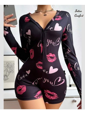 Intive Lingerie Intive Comfort Önü Düğmeli Şortlu Siyah Pembe Kalp Detaylı Yazılı Tulum Gecelik
