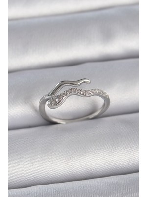 Marsilyan Pirinç Gümüş Renk Zirkon Taşlı Yılan Ayarlanabilir Model Kadın Yüzük