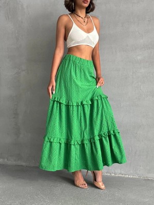 SHC4200 Fırfırlı Brodeli Astarlı Uzun Etek Yeşil S255047