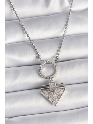 Marsilyan 316L Çelik Gümüş Renk Topçuk Zincir Zirkon Taşlı Üçgen Model Kadın Kolye
