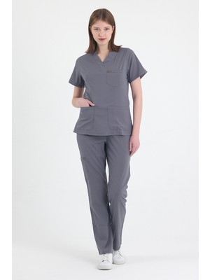 Mazey Uniform Açık Gri Likralı Viscon V Yaka Fit Kesim Hemşire ve Doktor Scrubs Premium Hastane Üniforma