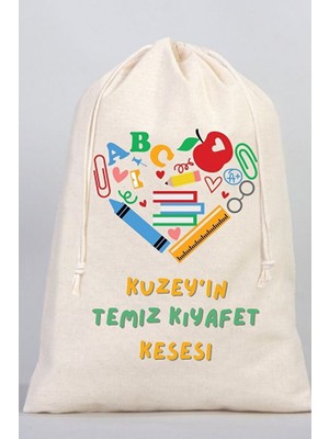 Puppetzzz Okul Desenli Kişiselleştirilebilir Organik Ham Bez Pamuklu Temiz Kıyafet Kesesi
