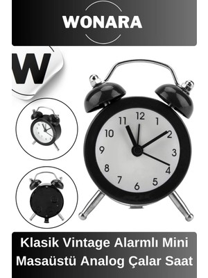 Wonara Premium Klasik Tasarım Vintage Yüksek Sesli Alarmlı Dekoratif Mini Masaüstü Analog Çalar Saat