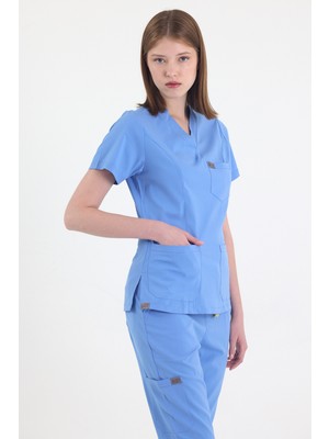 Mazey Uniform Buz Mavisi  Likralı Viscon V Yaka Fit Kesim Hemşire ve Doktor Scrubs Premium Hastane Üniforma