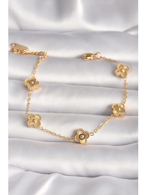 Marsilyan 316L Çelik Gold Renk Baby Boy Yonca Model Işleme Detay Kadın Bileklik