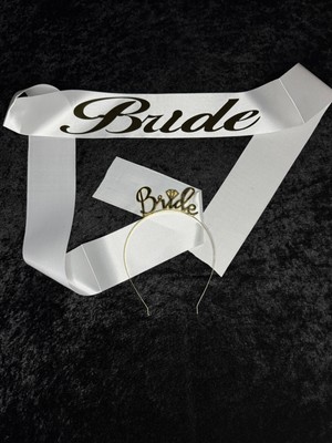 SırmalıHome 2 Parça Gold 'bride' Yazılı Beyaz Saten Kemer 'bride' Metal Taç Seti Bekarlığa Veda Partisi
