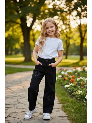 FullaModa %100 Pamuk Taşlı Yıldız Nakışlı Palazzo Kız Çocuk Pantolon