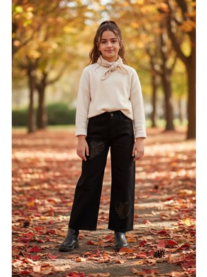 FullaModa %100 Pamuk Beli Lastikli Taşlı Kalp Nakışlı Kız Çocuk Pantolon