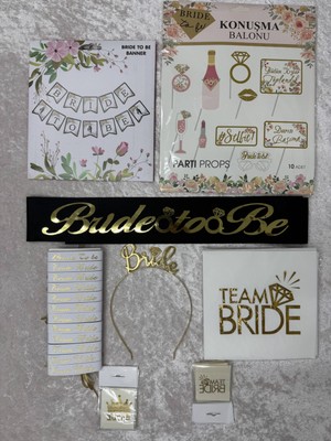 SırmalıHome 52 Parça Gold Bride To Be Set Siyah Kemer Metal Taç Bileklik Peçete Dövme Konuşma Balonu Banner