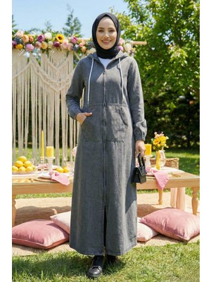 Kadın Kapüşonlu, Cepli ve Fermuarlı Denim Koyu Gri Kot Kap