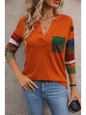 Tiana Kadın Uzun Kollu V Yakalı Cepli Çok Renkli Viskon Bluz